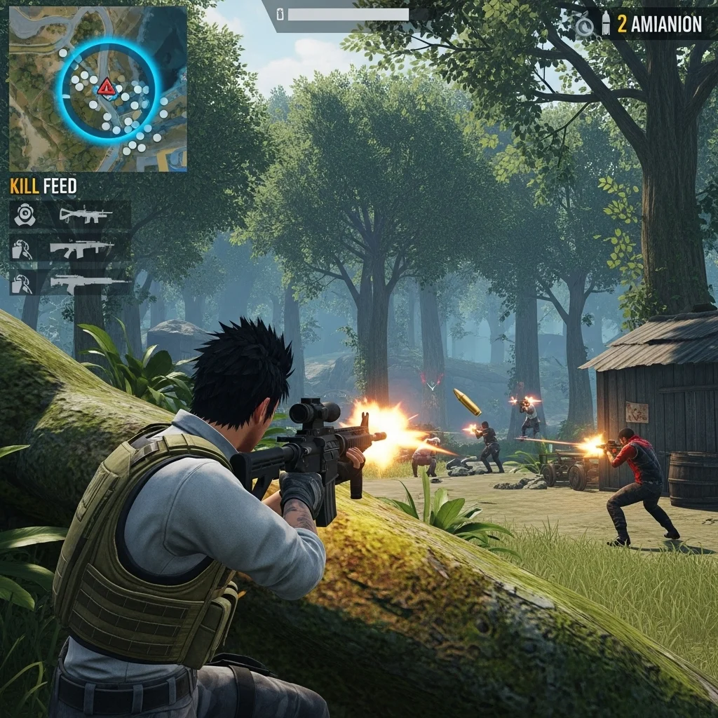 A screenshot of Free Fire gameplay showing a character engaging in combat with other players and the shrinking safe zone on the map.