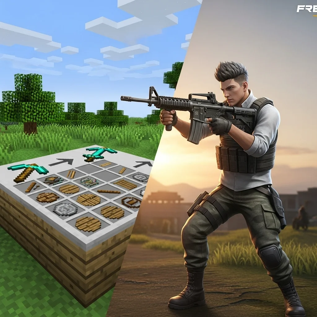 A split image showing Minecraft crafting table with items on one side and Free Fire character with a weapon on the other.
