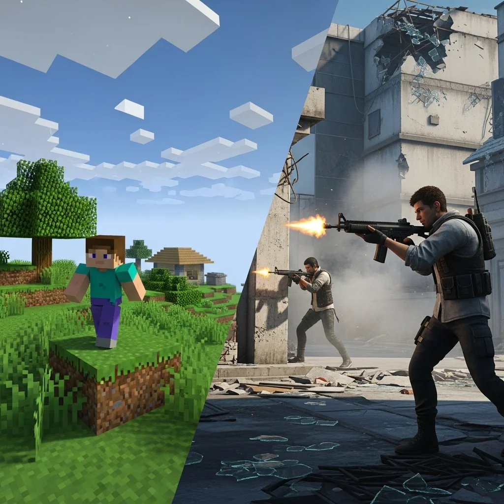 A split image showing Minecraft's blocky world on one side and Free Fire's realistic character combat on the other.