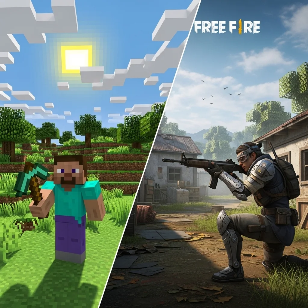 A split image showing Minecraft's blocky world on one side and Free Fire's realistic battle arena on the other, highlighting their visual contrast