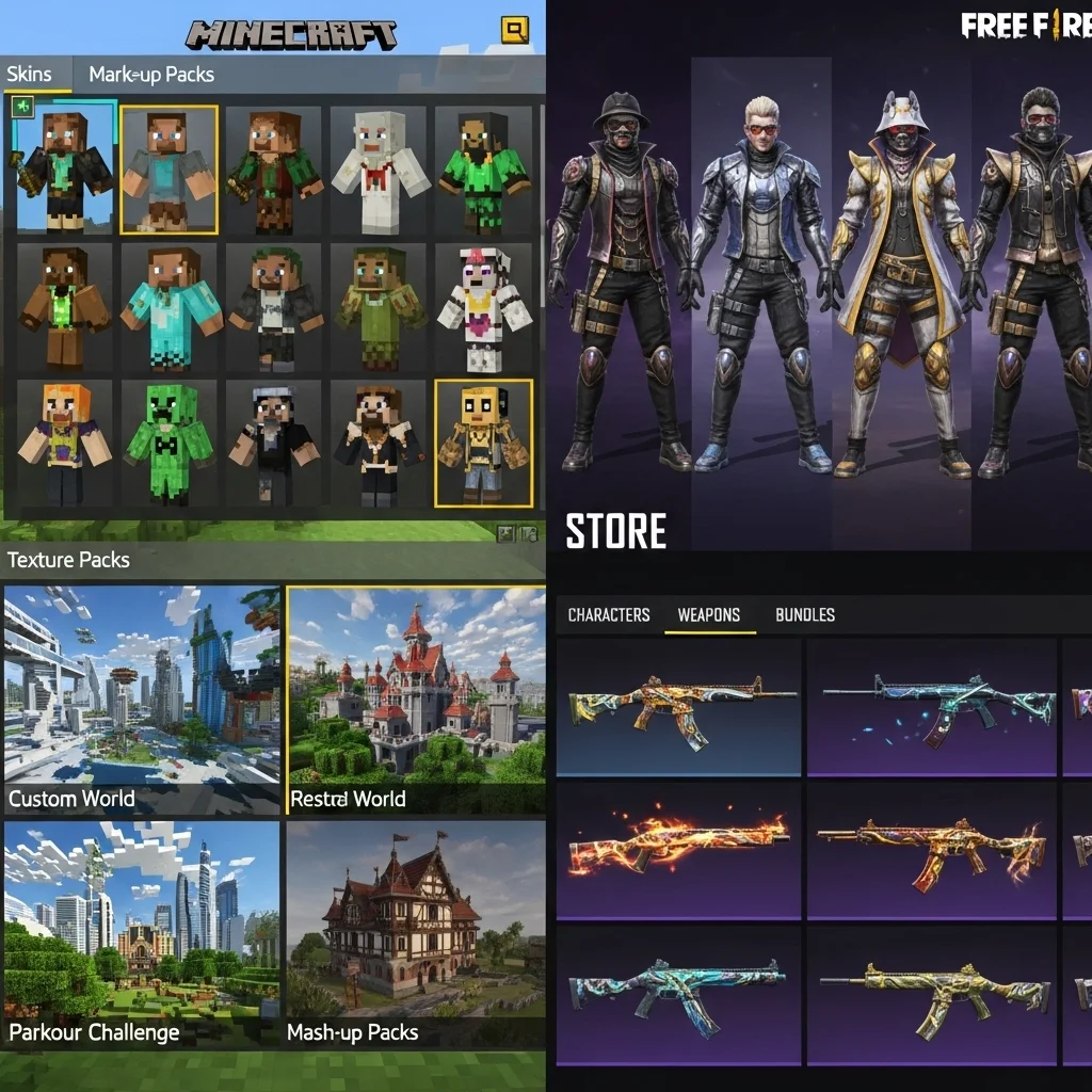 A split image showing the Minecraft Marketplace with various skin packs and custom worlds on one side, and the Free Fire store with character and weapon skins on the other.
