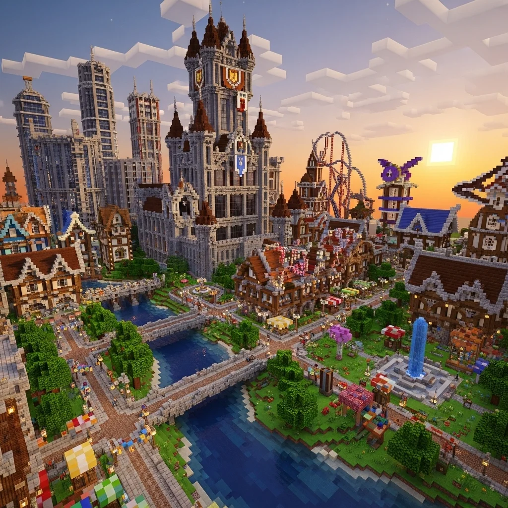 A sprawling, impressive Minecraft city built in Creative Mode, showcasing intricate details and diverse structures.