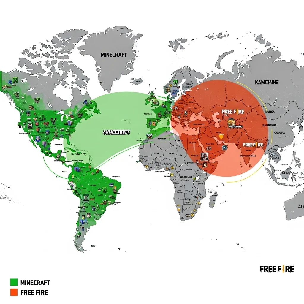 A world map showing regions where Minecraft and Free Fire are most popular, with player icons for each game.