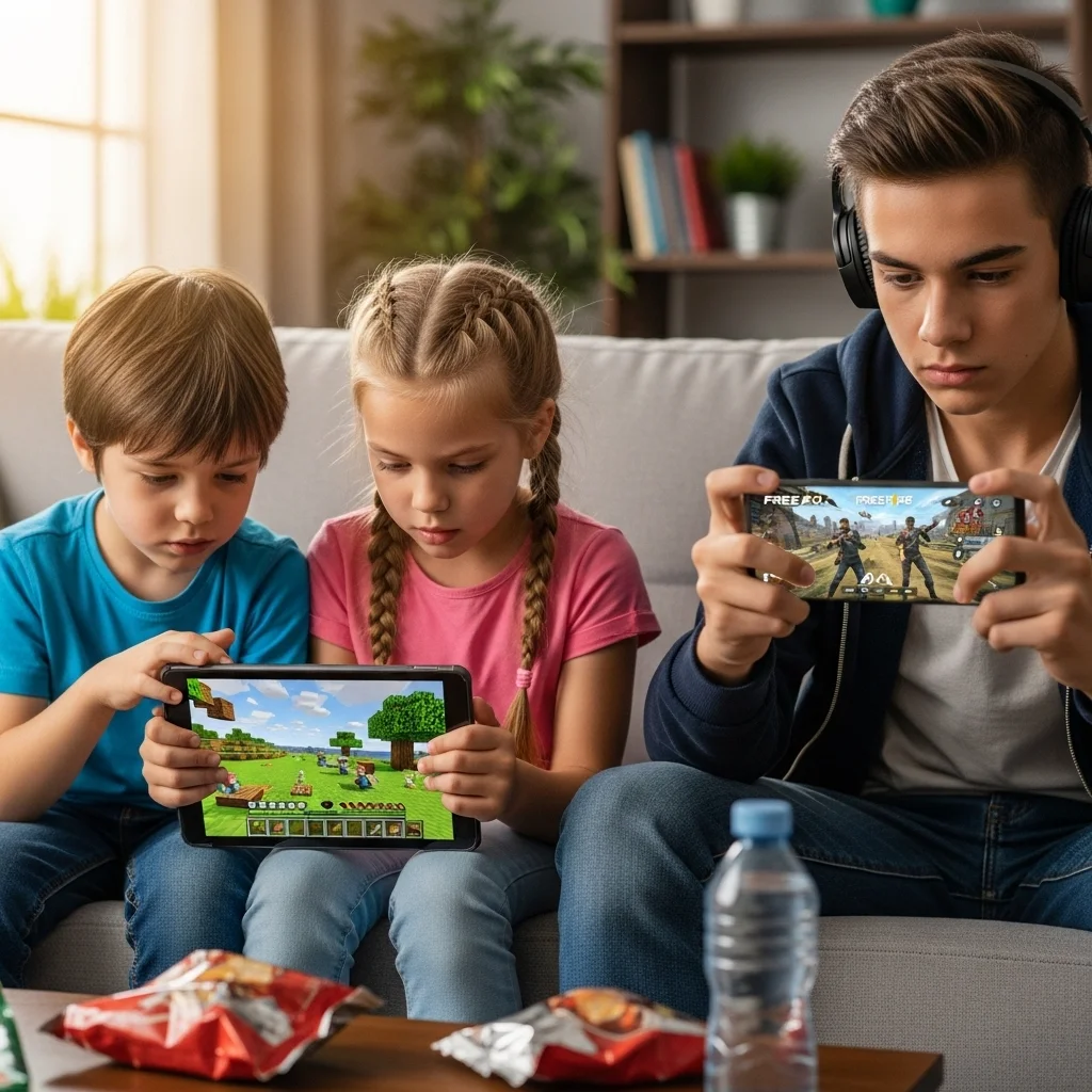 Two young children playing Minecraft on a tablet, and a teenager playing Free Fire on a smartphone
