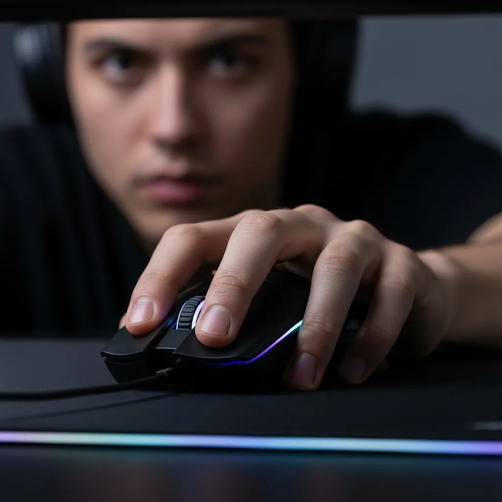 A gamer's hand comfortably gripping a gaming mouse on a mousepad, with a focused expression on their face