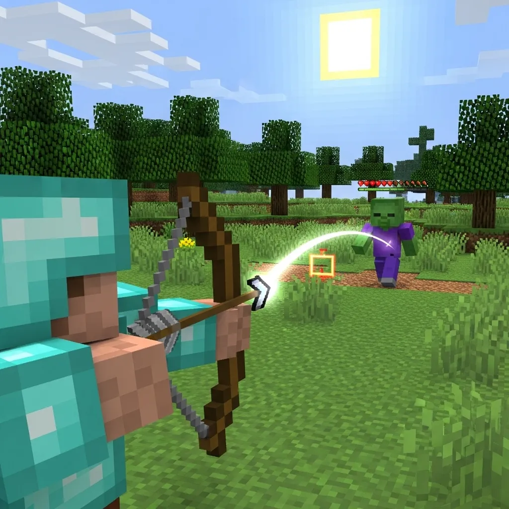A Minecraft player aiming a bow with an arrow trajectory line towards a moving target.