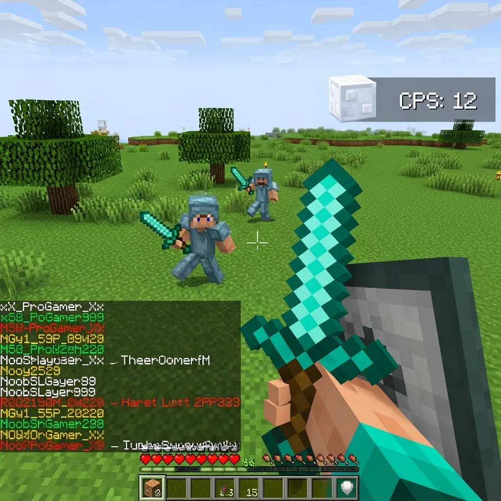 A Minecraft player practicing PvP against a bot or another player, showing quick clicks and movement