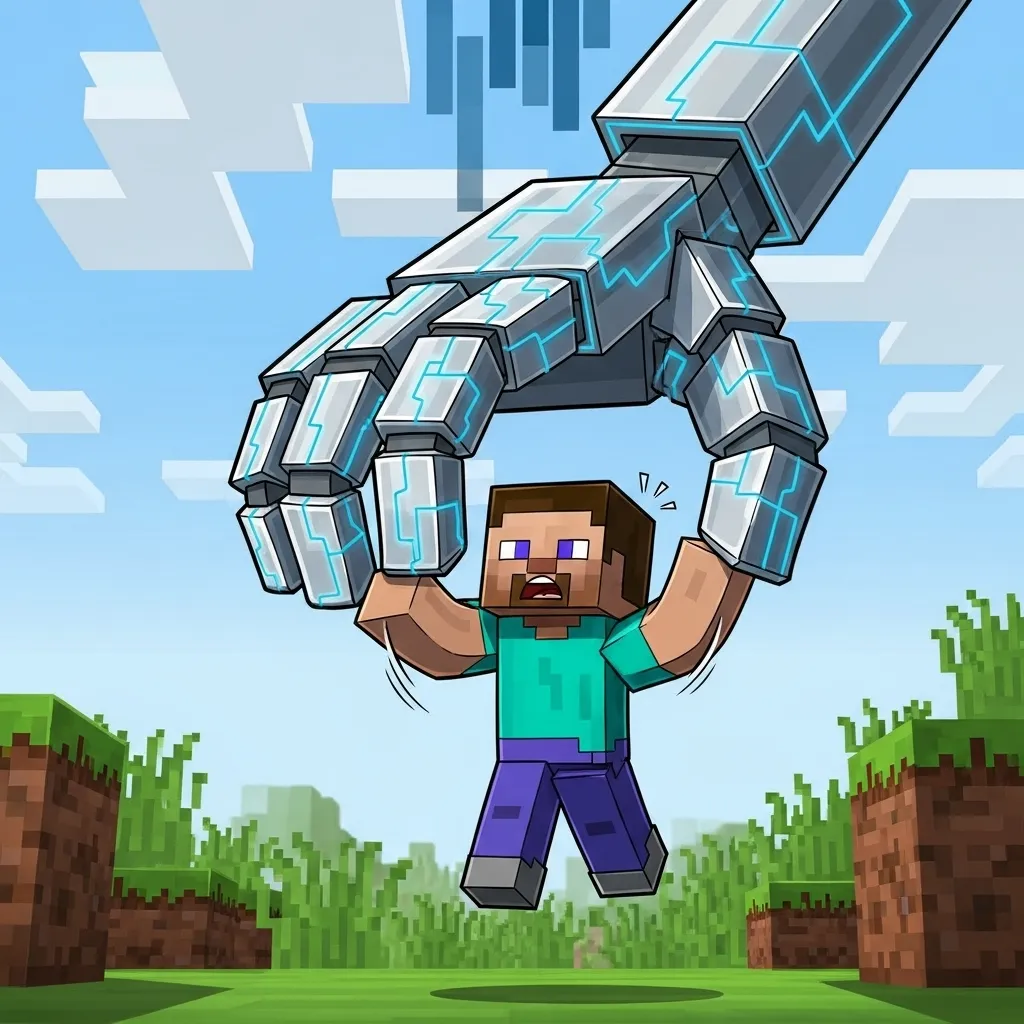 A cartoon image of a Minecraft character being caught by a robot hand, representing anti-cheat
