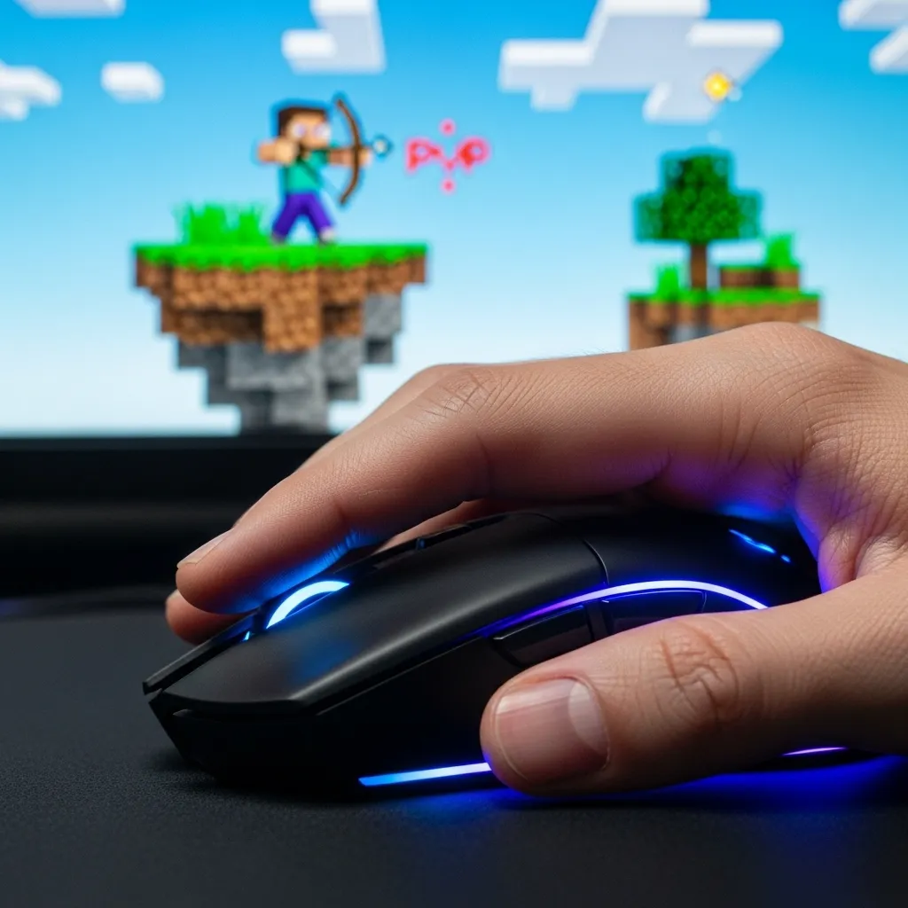 A close-up of a hand on a gaming mouse, with a Minecraft PvP scene in the background showing a player aiming.