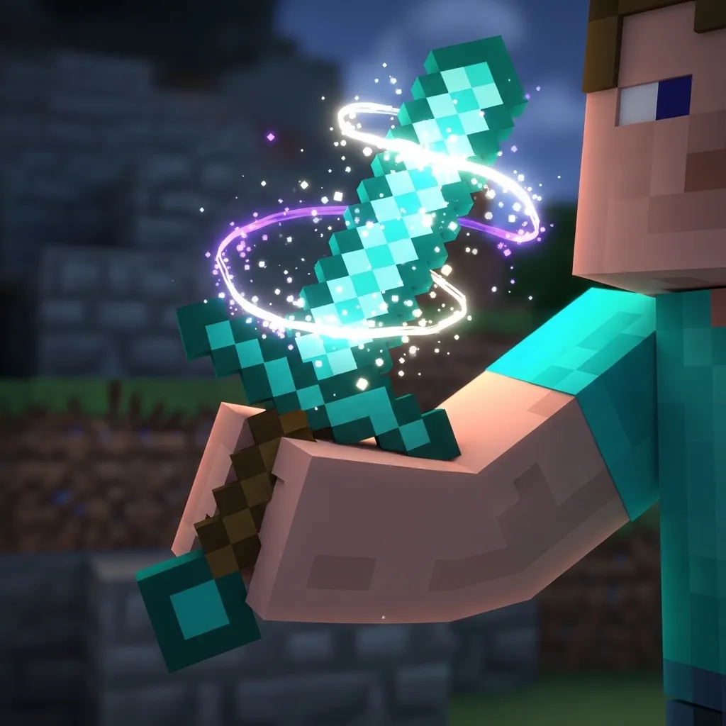 A close-up of a Minecraft player holding a diamond sword with glowing enchantments, ready for battle