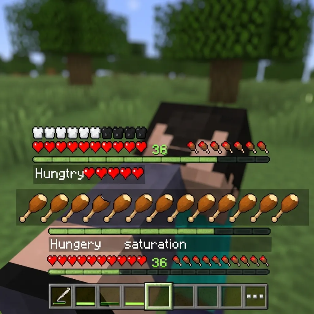 A close-up of a Minecraft player's hunger and health bar, with an invisible 'saturation' bar overlaid or indicated.