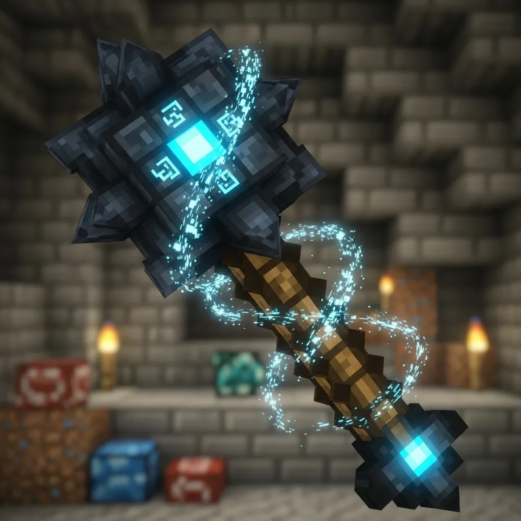 A close-up of the Minecraft Mace weapon with glowing enchantment effects