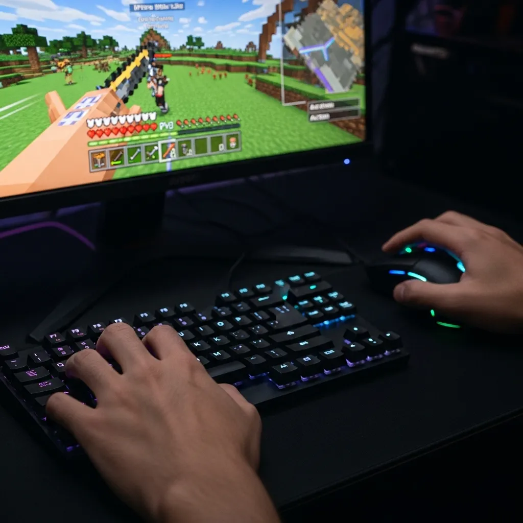 A close-up shot of a player's hands on a keyboard and mouse, with a blurred high-refresh-rate monitor in the background displaying Minecraft PvP gameplay