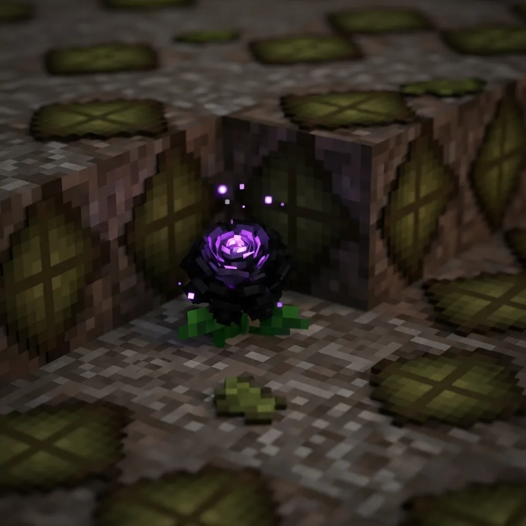 A close-up view of a Wither Rose placed subtly within dark oak leaf blocks or coarse dirt. minecraft theme