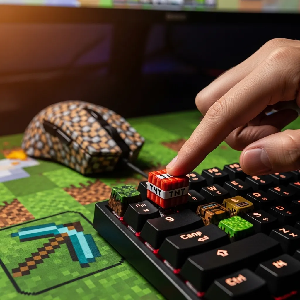 A closeup of a gamer's hand quickly pressing the '9' key on a keyboard while holding a mouse. Minecraft theme