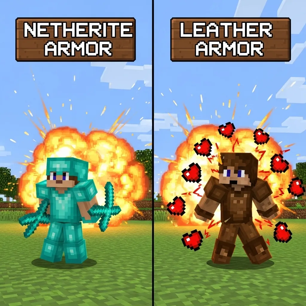 A comparison chart showing a player wearing full Netherite armor standing near an explosion versus a player in leather armor taking the same hit.