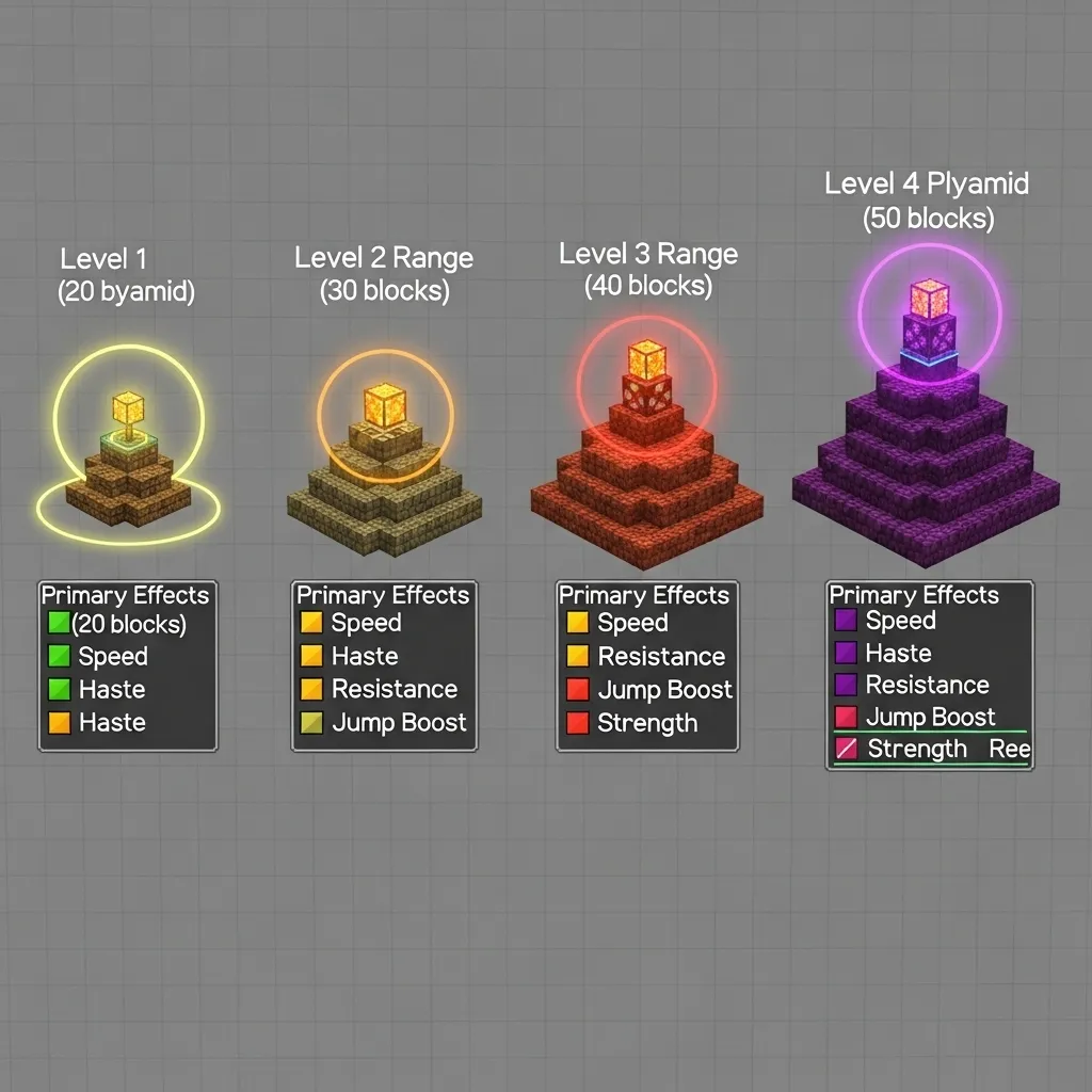 A detailed diagram showing the different sizes of Minecraft beacon pyramids (levels 1-4) with their corresponding ranges and available effects.