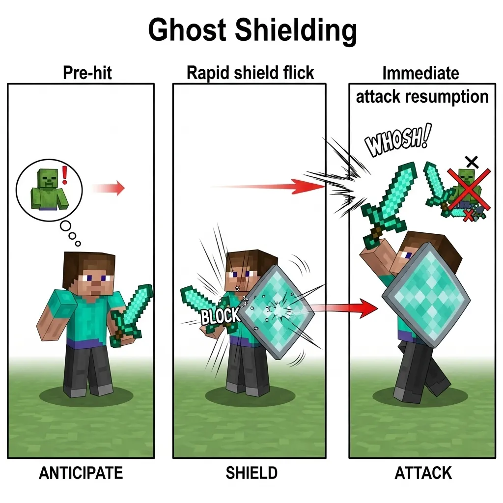 A detailed diagram showing the three stages of the ghost shielding technique: Pre-hit anticipation, rapid shield flick, and immediate attack resumption. Minecraft themed simple and minimum text