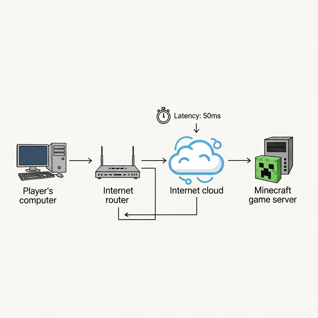 A diagram showing a player's computer, internet router, the internet cloud, and a Minecraft server, with arrows indicating data flow and a 'latency' timer above the internet cloud.