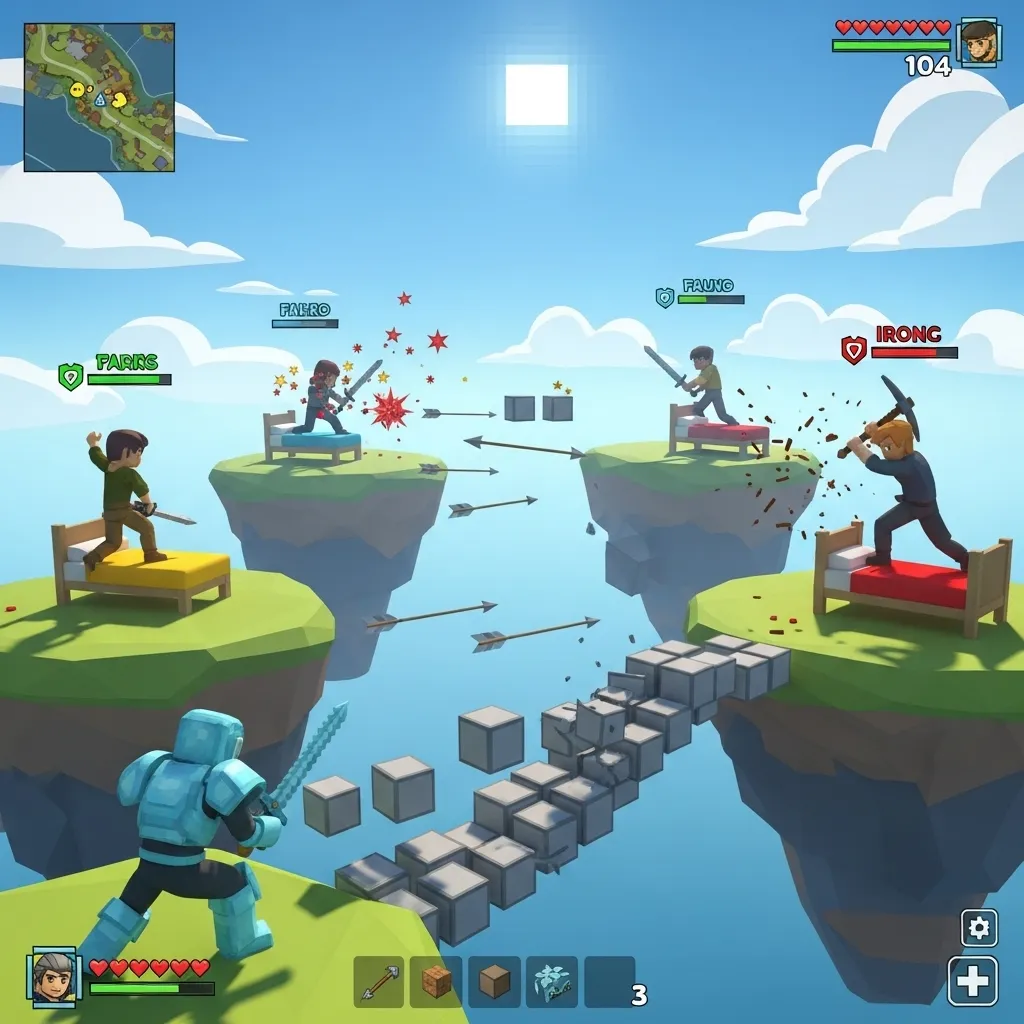A dynamic screenshot of a Bedwars game in progress, with players bridging, fighting, and a bed being attacked.