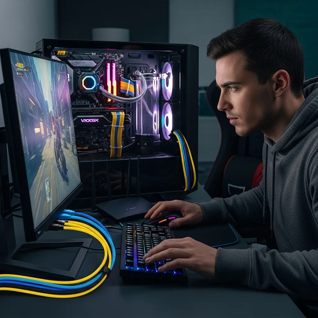 A gamer intensely focused on their screen, with network cables and a powerful PC setup visible in the background, implying optimized gaming performance.