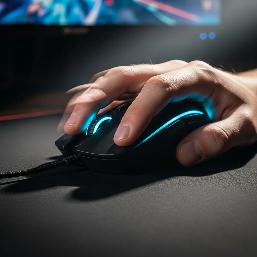A gamer's hand on a mouse, demonstrating a clicking technique like jitter or butterfly clicking.