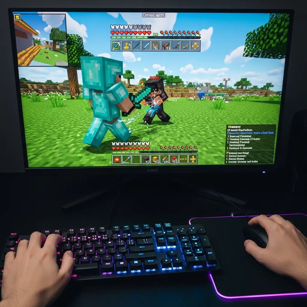 A gamer's hands on a keyboard and mouse, with Minecraft PvP gameplay on a screen in the background