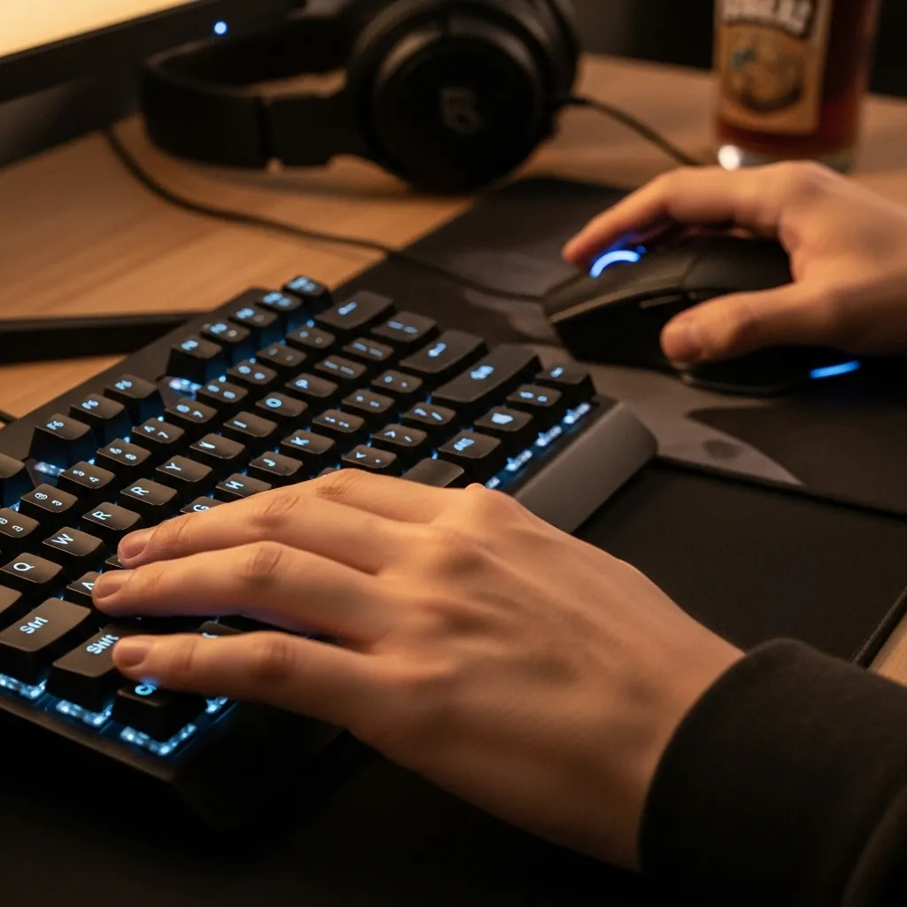 A gamer's hands resting comfortably on a keyboard and mouse, with some keys highlighted to show custom binds