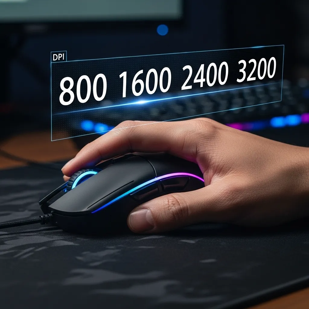 A gaming mouse with a hand resting on it, with an overlay showing DPI numbers changing.