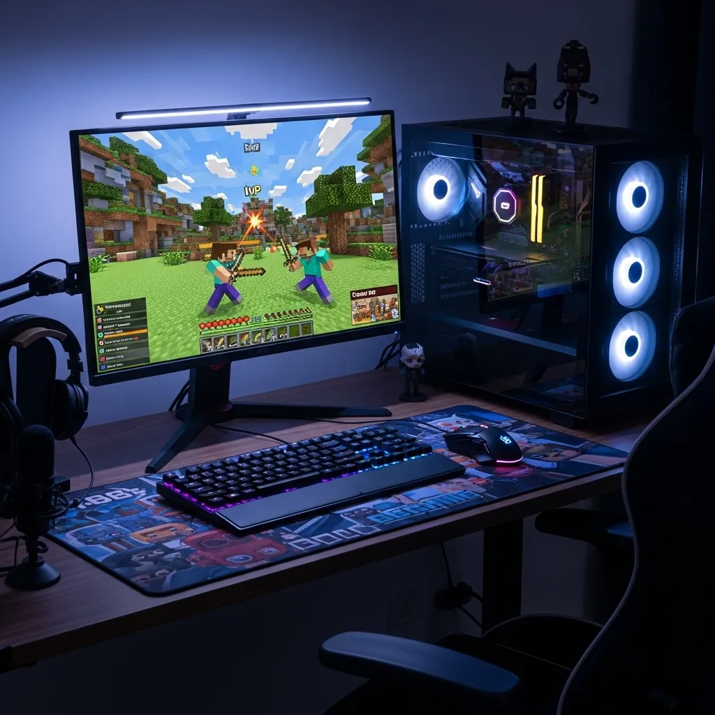 A gaming PC setup with a high-refresh-rate monitor showing Minecraft PvP gameplay