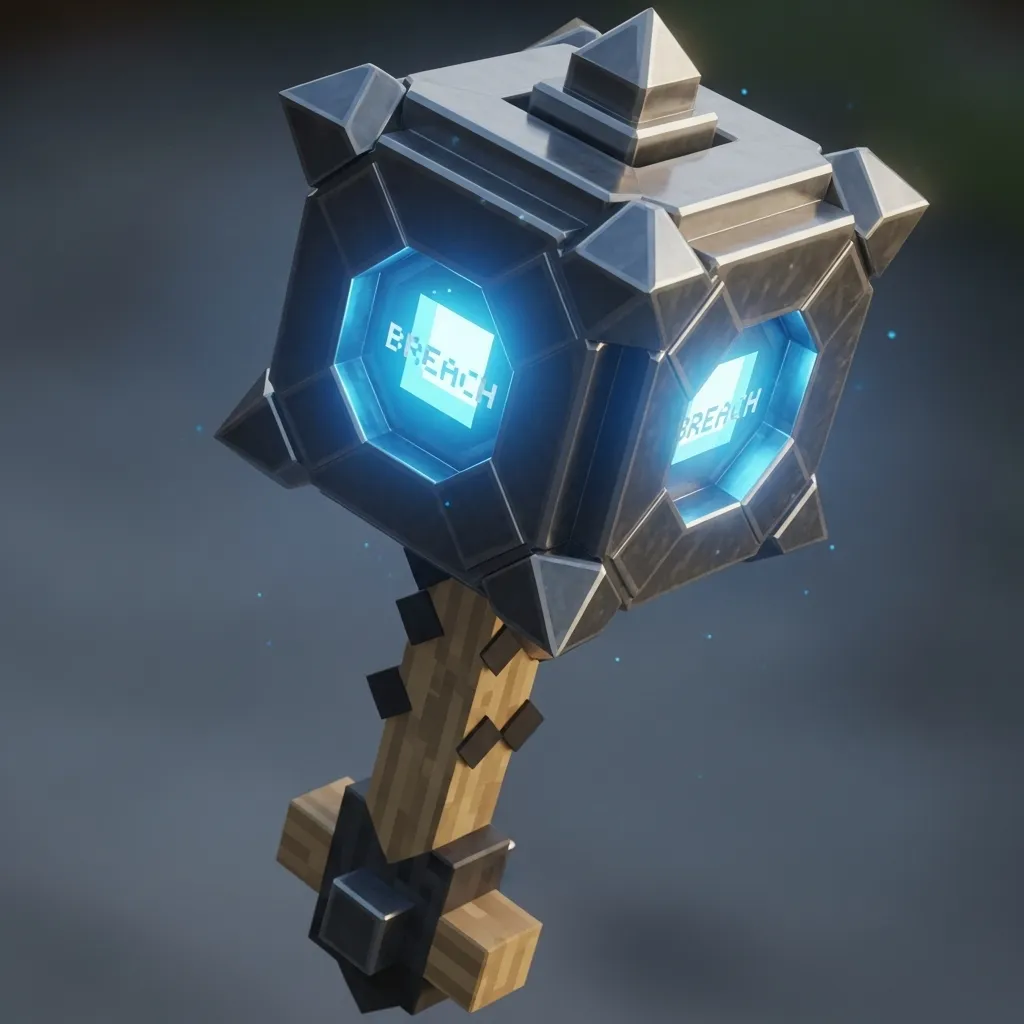 A highly detailed, shiny Minecraft Mace with the Breach enchantment glow