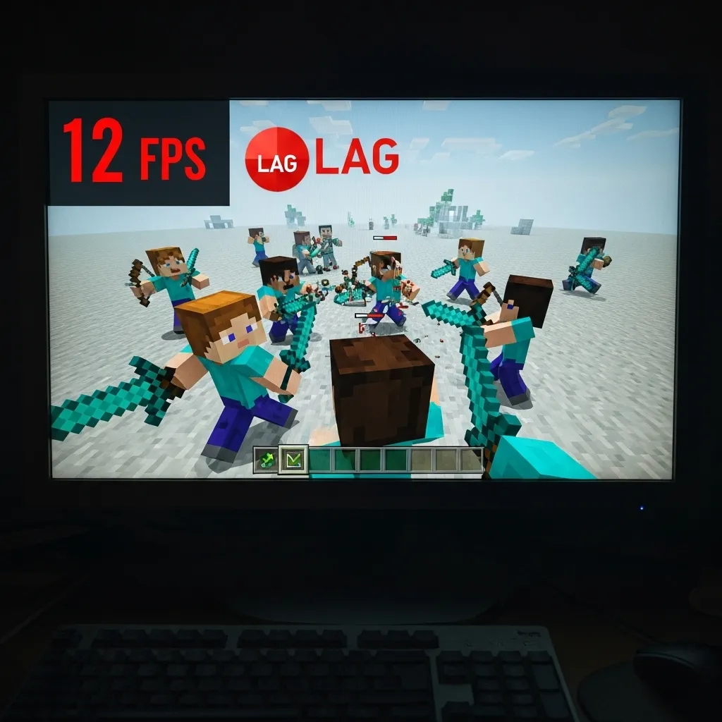 A low-end PC struggling to run Minecraft PvP, showing lag and low FPS counters
