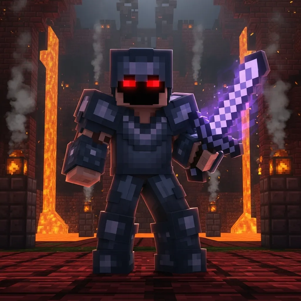 A menacing Minecraft character wearing a unique, dark-colored armor trim combination, ready for battle.