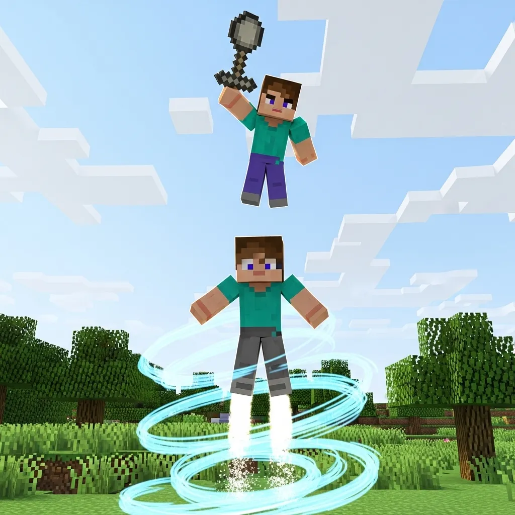 A Minecraft player being launched into the air by a wind charge, with another player poised above them holding a mace.