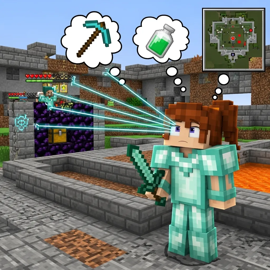 A Minecraft player (e.g., Steve or Alex) in a PvP arena, looking around with a thoughtful expression, perhaps with transparent strategy lines or thought bubbles indicating awareness of surroundings, opponent, and resources.