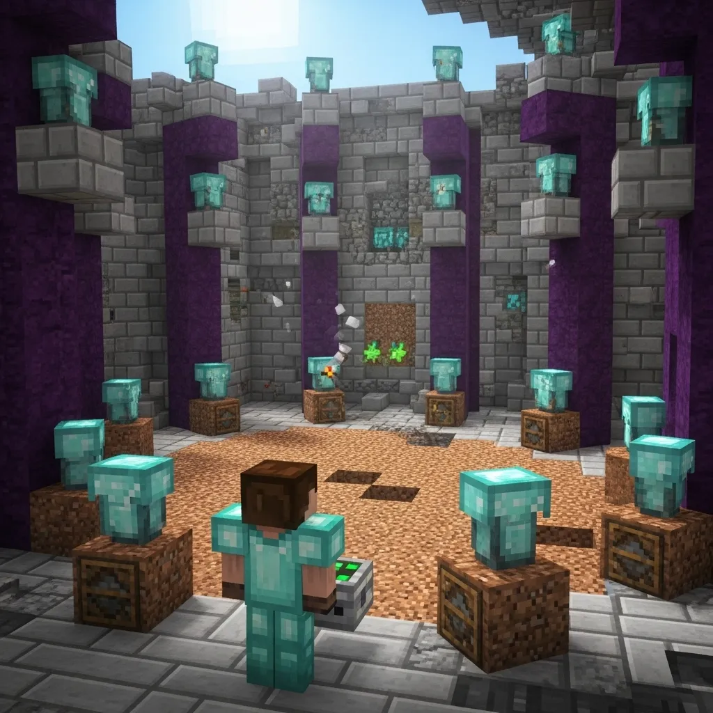 A Minecraft player in a custom-built training area with pillars and armor stands for wind charge practice.