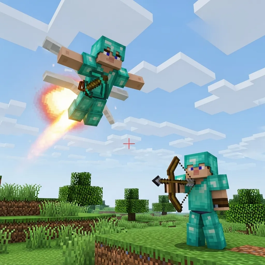 A Minecraft player mid-air after a wind charge, being targeted by another player with a bow