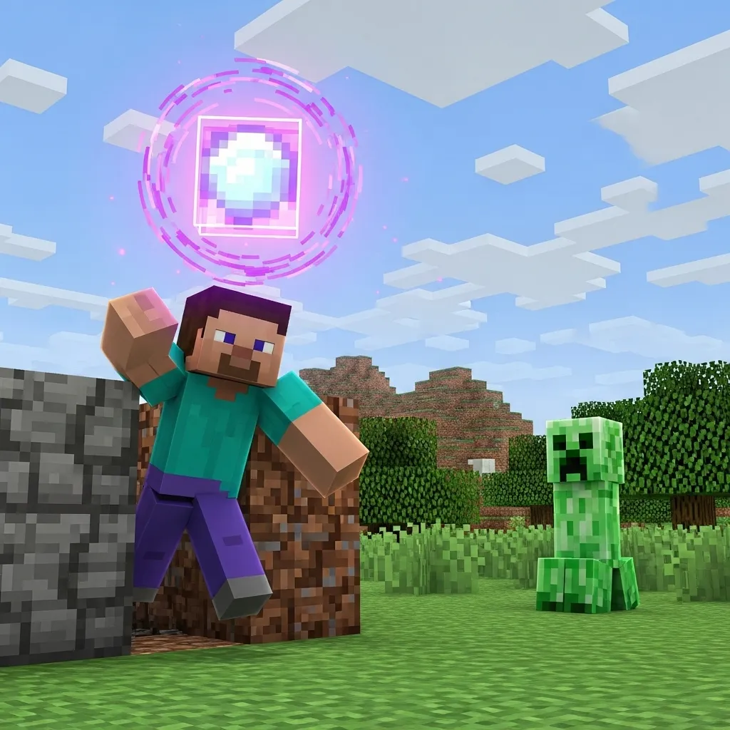 A Minecraft player mid-teleport with an ender pearl, targeting an unsuspecting enemy from behind cover.
