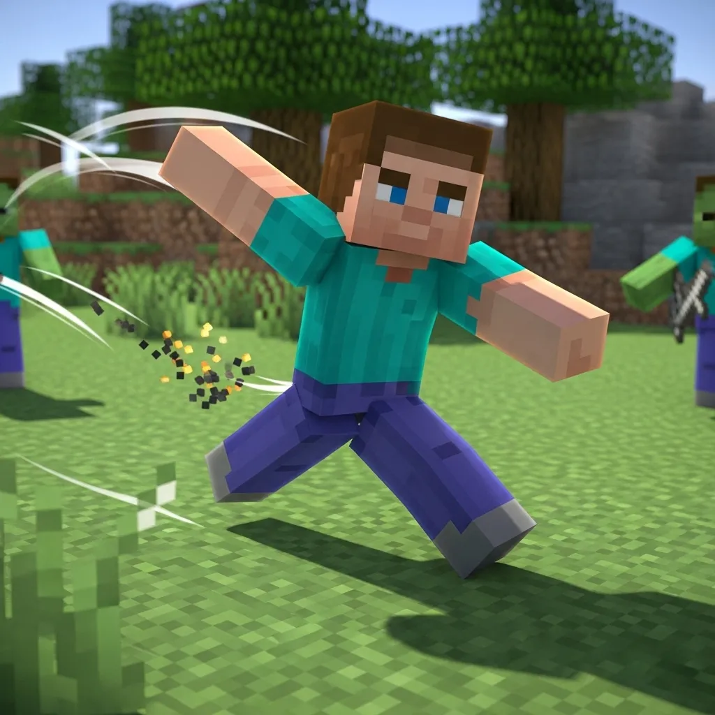 A Minecraft player model mid-sprint, turning sharply in a combat scenario.
