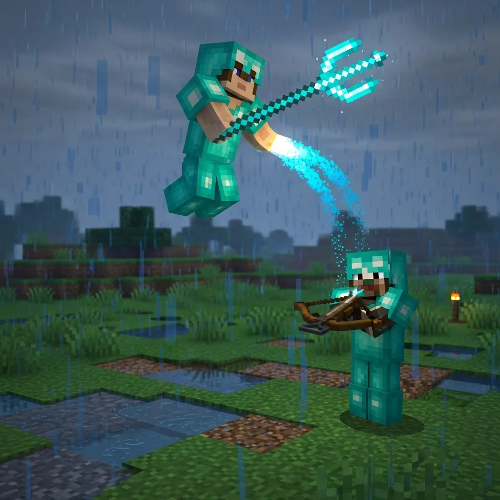 A Minecraft player using the Riptide trident to launch high into the air during a rainy PvP battle against an opponent on the ground.