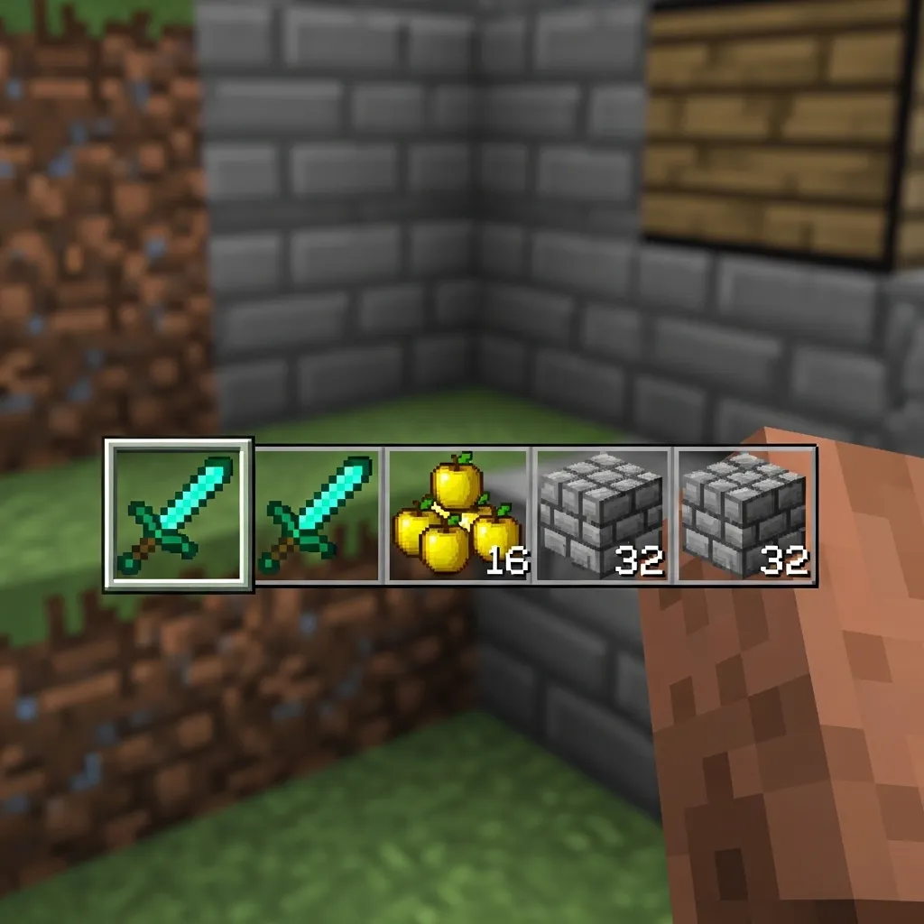 A Minecraft player's very basic hotbar three items only, no text  Box PvP, basic minimum