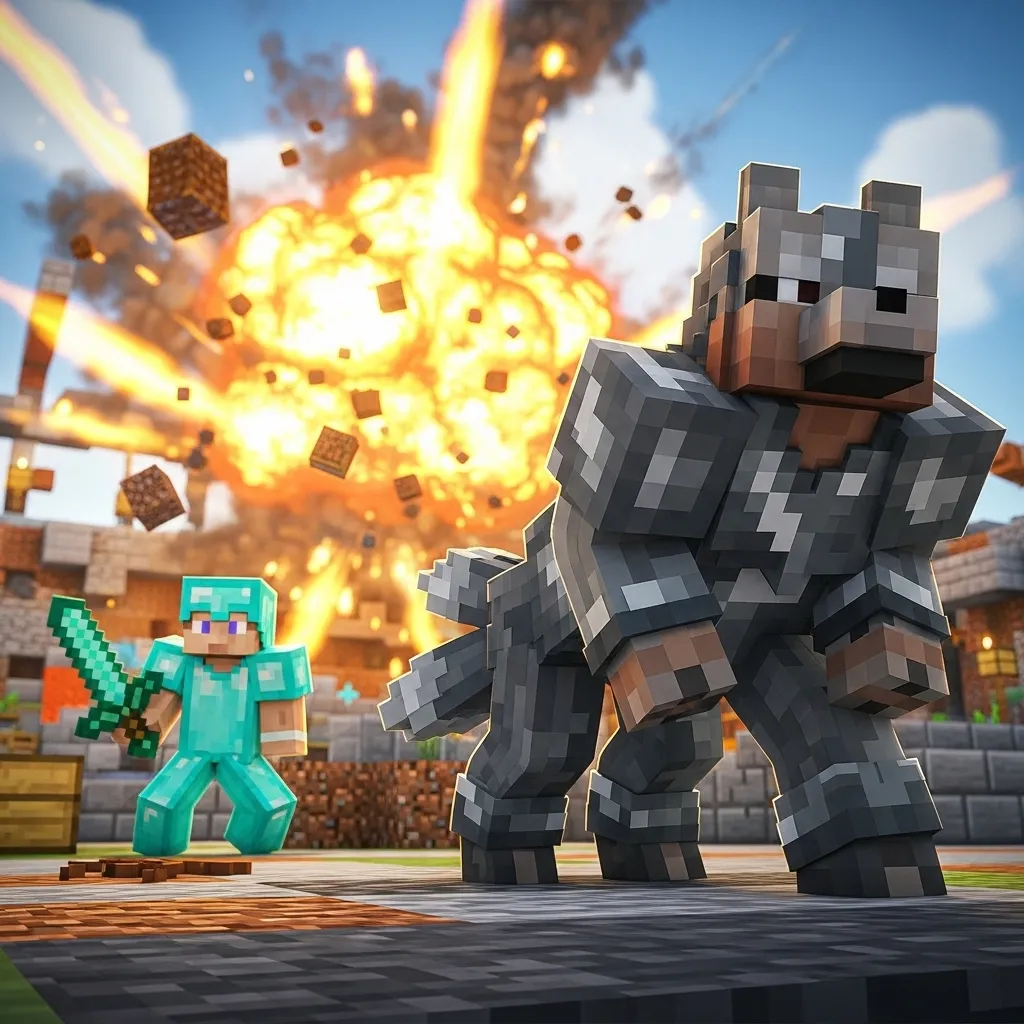 A Minecraft wolf wearing wolf armor standing confidently against an explosion in a PvP setting, with a player in the background