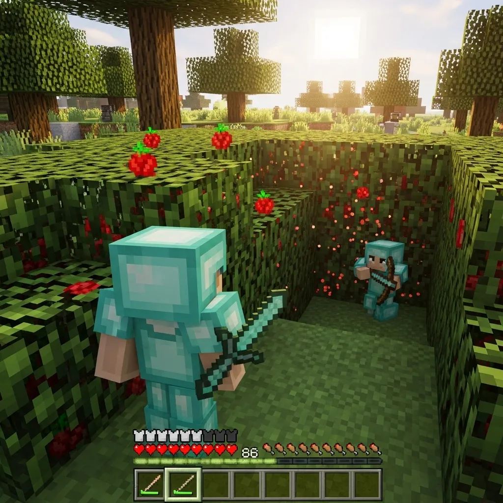 A player cautiously surveying a dense patch of sweet berry bushes with an enemy player subtly hidden within them.