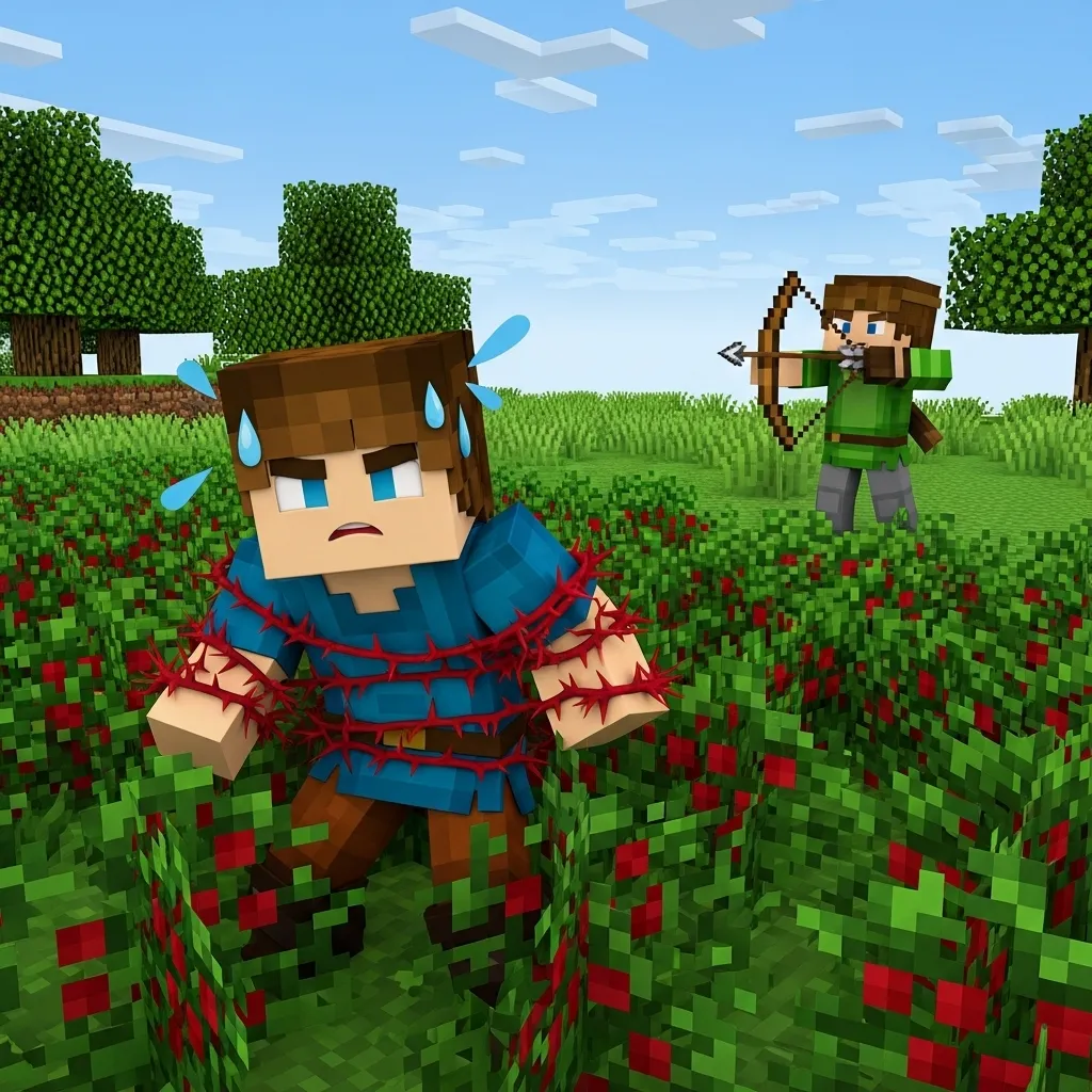 A player character caught in a patch of sweet berry bushes while another player aims a bow