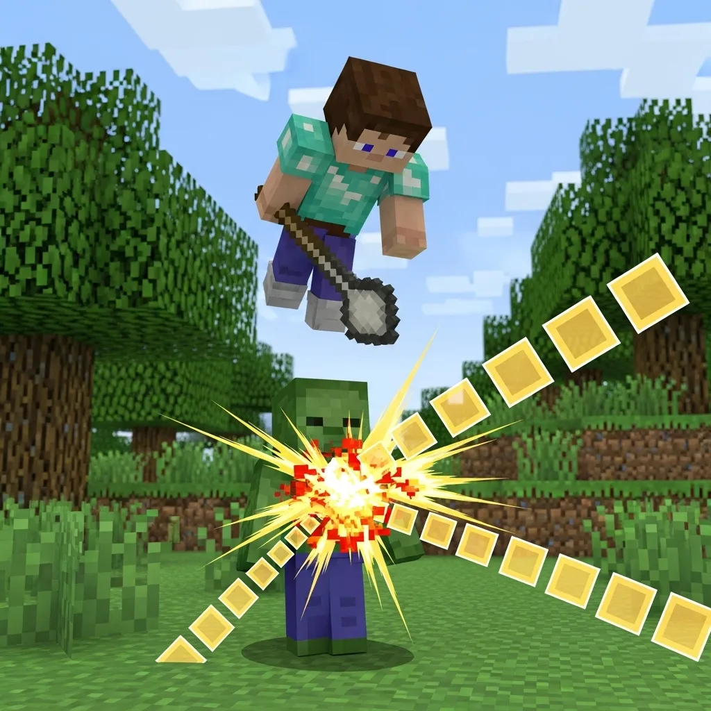 A player character falling onto an opponent with the mace, creating a visual damage shockwave. Minecraft