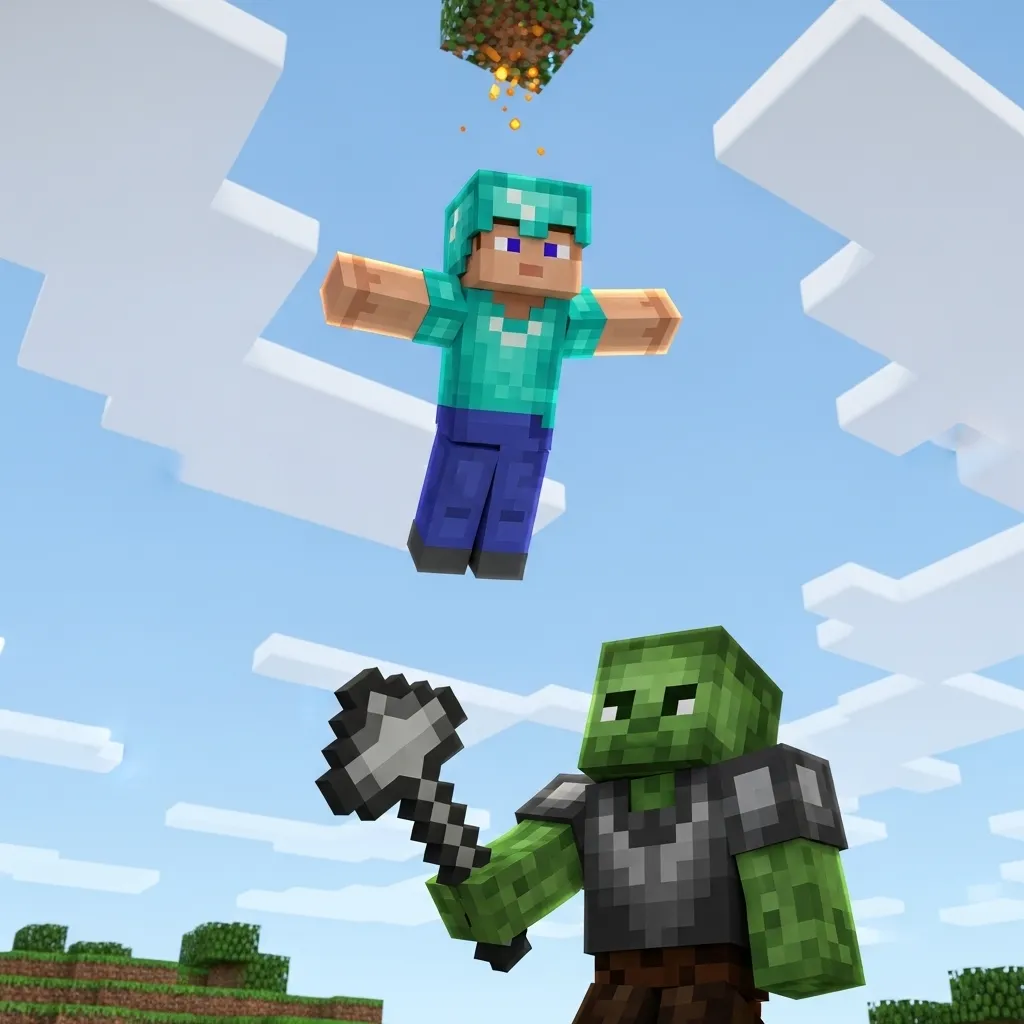 A player character floating gently down while an enemy mace user looks up in frustration. Minecraft