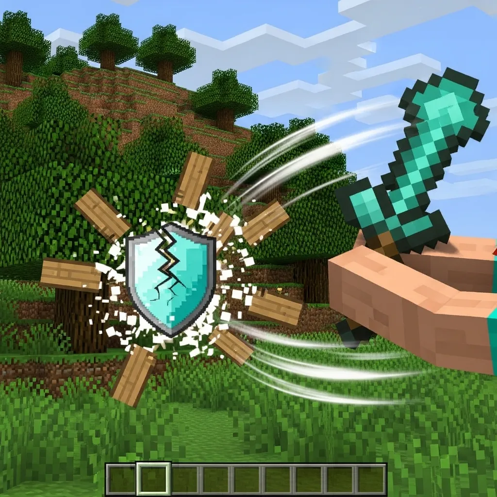 A player character holding a Mace mid-swing, with visual effects indicating shield break minecraft