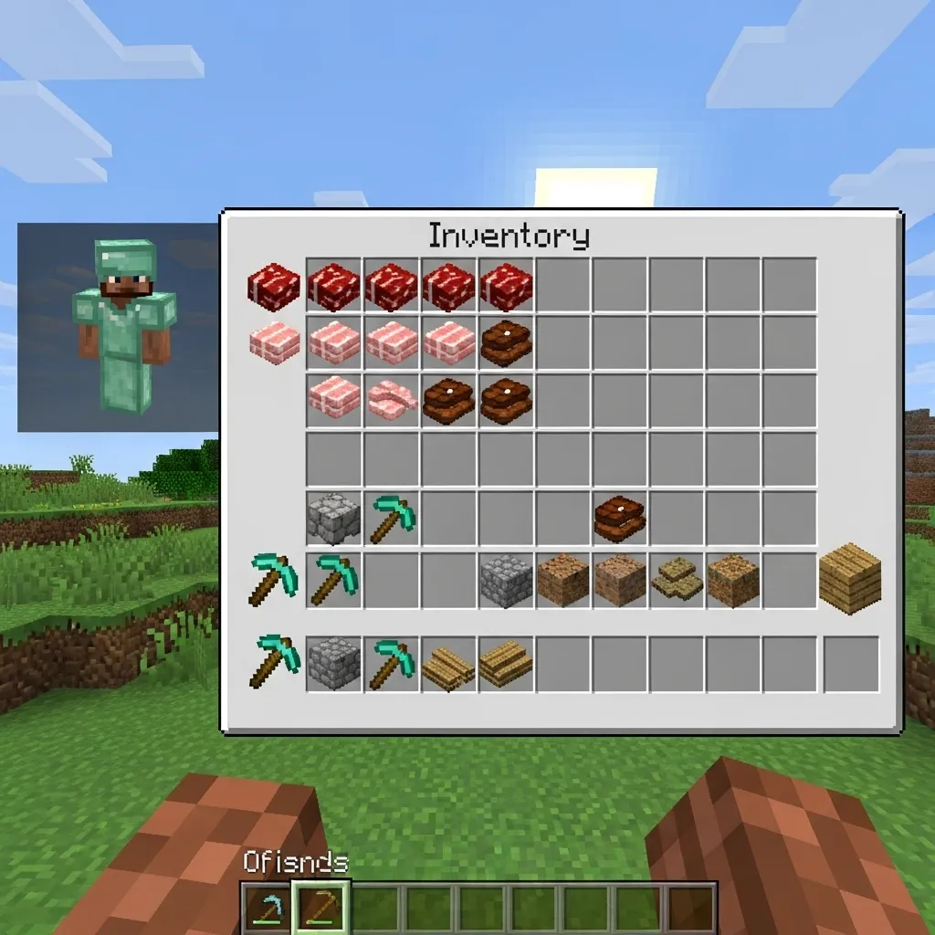 A player character in Minecraft looking at their inventory with raw and cooked meat, basic tools, and a few blocks.