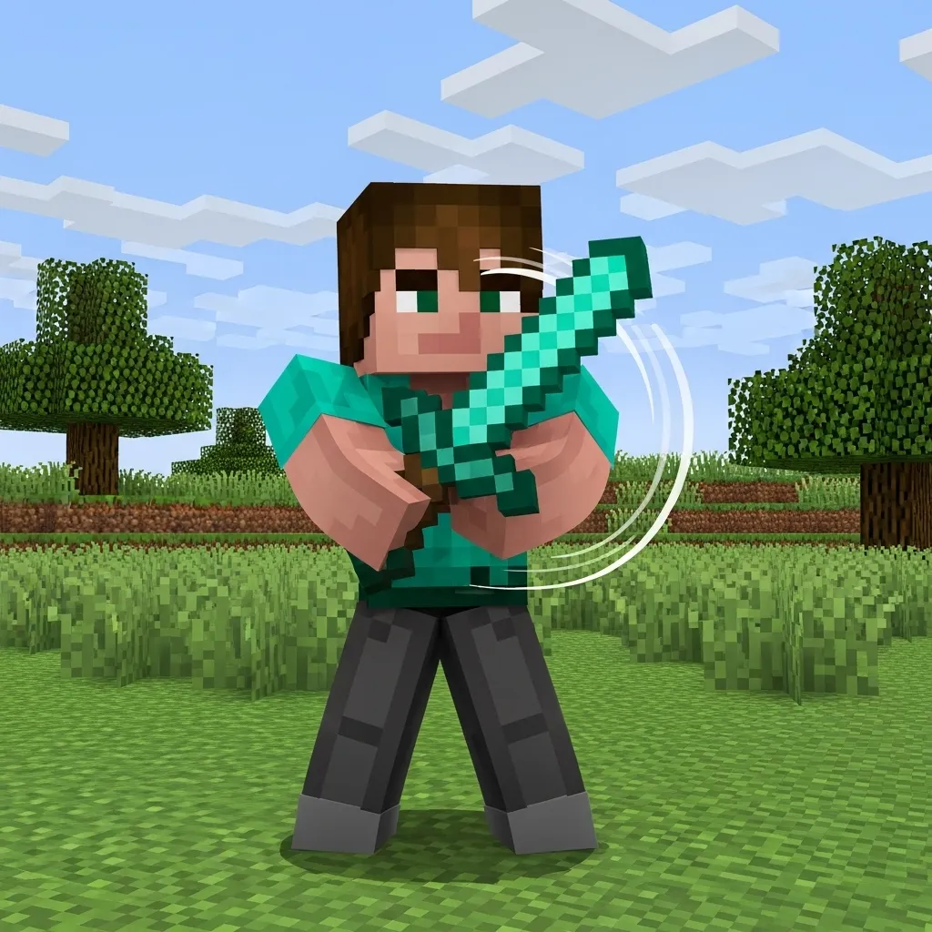 A player character in Minecraft performing a block hit with a sword, showing the blocking animation briefly