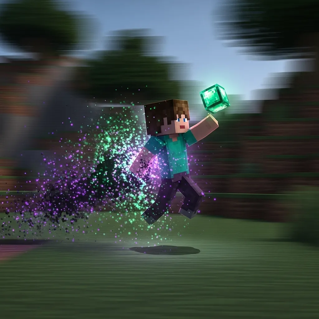 A player character teleporting with an Ender Pearl, showing the particle effect and a blurry background to indicate speed.